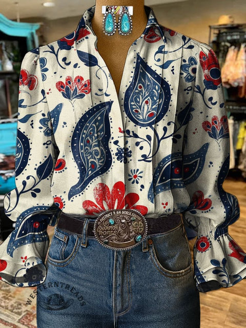 Paisley Art Print Casual Cotton And Linen Shirt