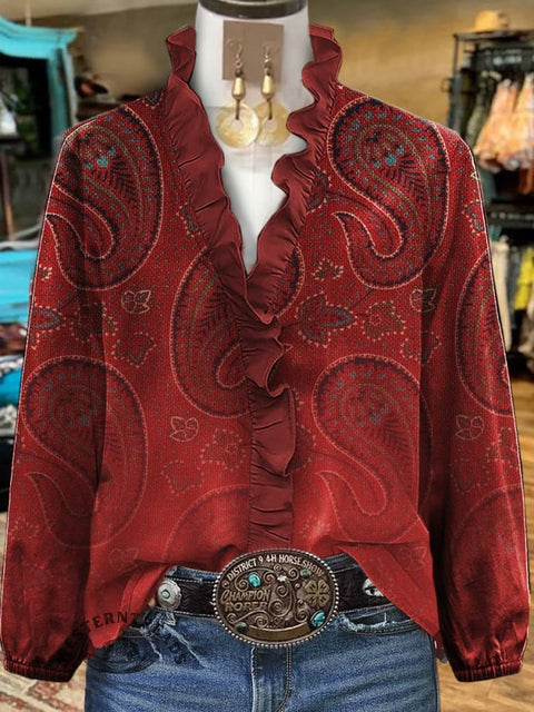 Paisley Print Casual  Ruffle Shirt