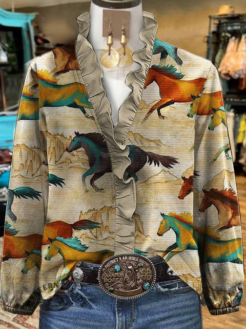 Horse Print Casual Ruffle Shirt