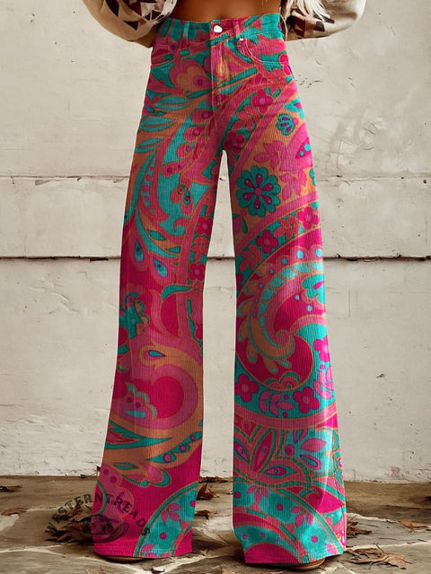 Paisley Print Casual Corduroy Wide Leg Pants