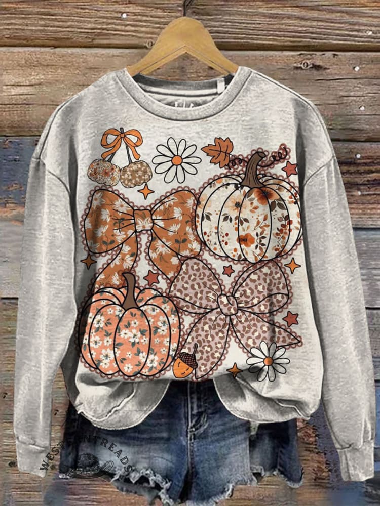 Vintage Pumpkin Print Casual Cotton Sweatshirt