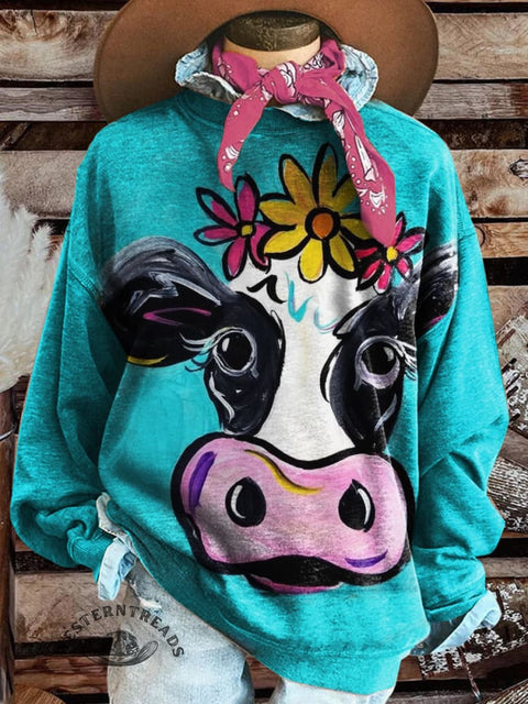 Cow Print Casual Cotton Sweatshirt