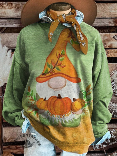 Fall Gnome Print Casual Cotton Sweatshirt