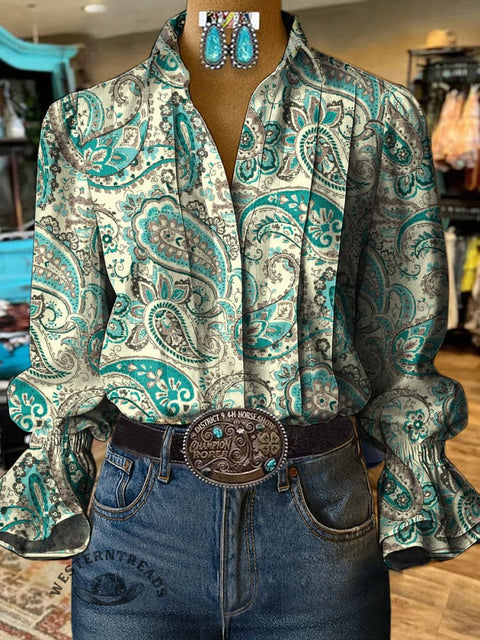 Paisley Art Print Casual Cotton And Linen Shirt