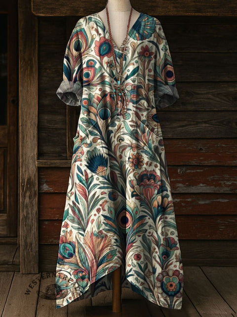 Women's  Floral Art Pattern Print Pocket V-neck Cotton Dress