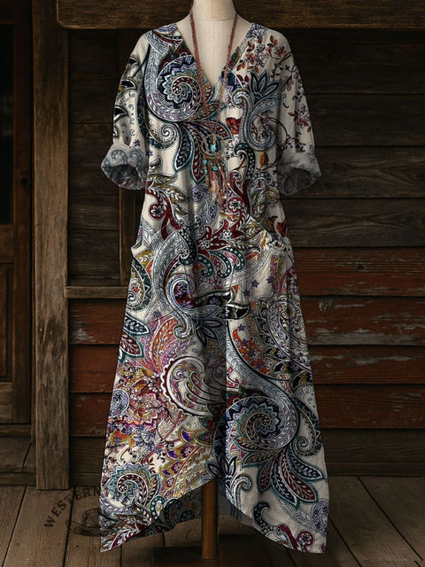 Women's Paisley Floral Art Pattern Print Pocket V-neck Cotton Dress