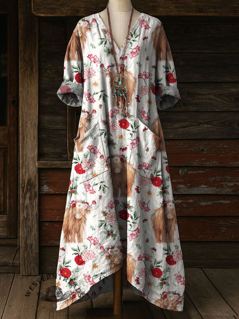 Women's Highland Cow Print Pocket V-neck Cotton Dress