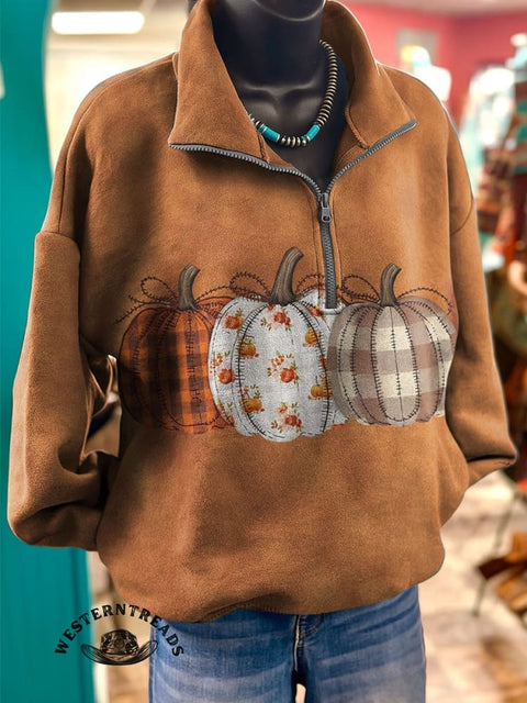 Pumpkin Art Print Casual Long Sleeve Zip Sweatshirt
