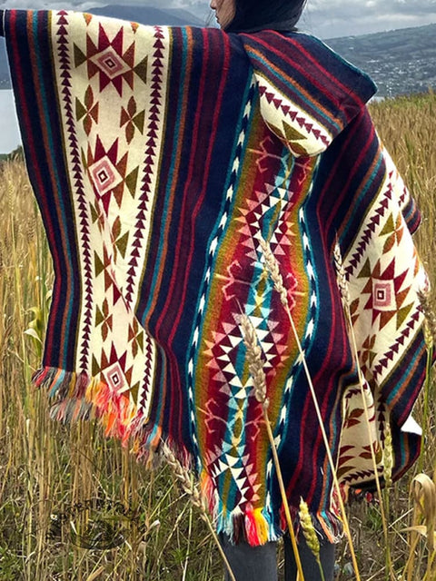 Aztec Art Print Casual Knitted Blanket Poncho Hood Cape