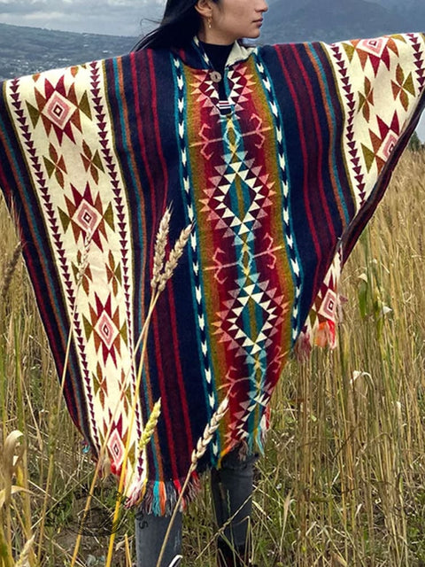Aztec Art Print Casual Knitted Blanket Poncho Hood Cape