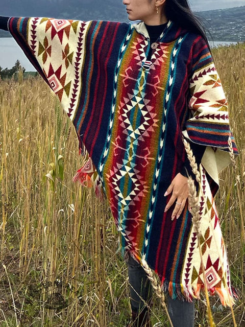 Aztec Art Print Casual Knitted Blanket Poncho Hood Cape