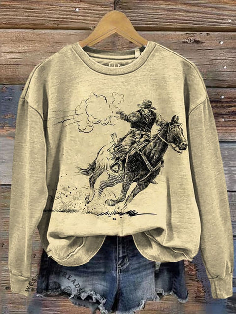 Western Art Print Casual Cotton Sweatshirt