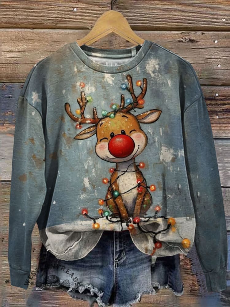 Vintage Reindeer Art Prints Casual Cotton Sweatshirt
