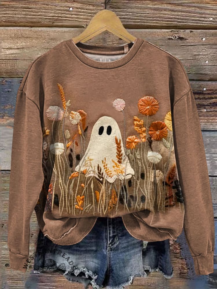 Vintage Ghost Art Prints Casual Cotton Sweatshirt