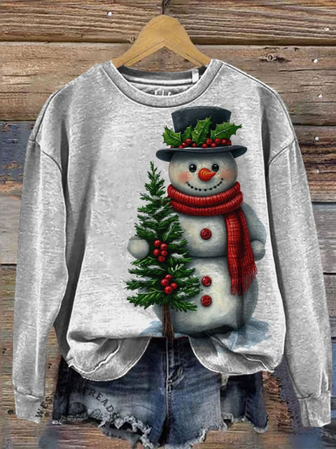 Christmas Snowman Art Prints Casual Cotton Sweatshirt
