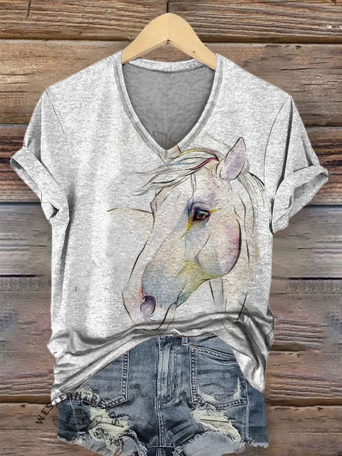 Horse Print V-neck Casual T-Shirt