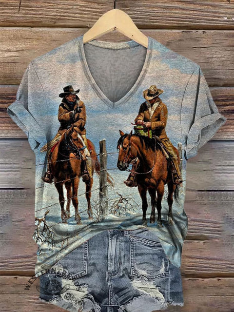 Cowboy Art Print V-neck Casual T-Shirt