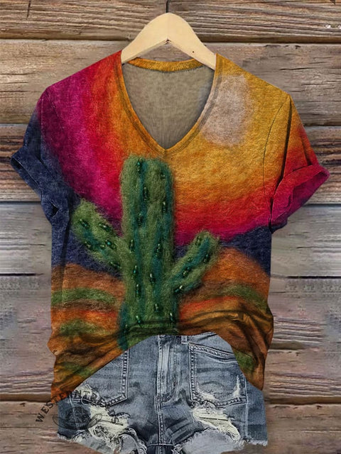 Cactus Art Print V-neck Casual T-Shirt