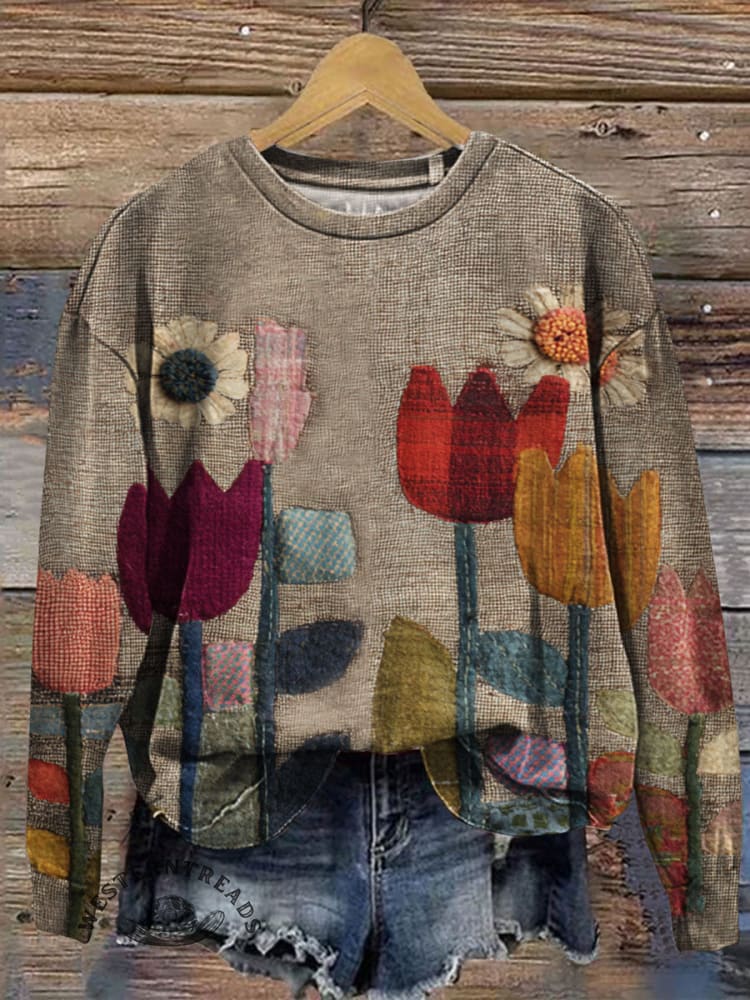 Vintage Flowers Prints Casual Cotton Sweatshirt