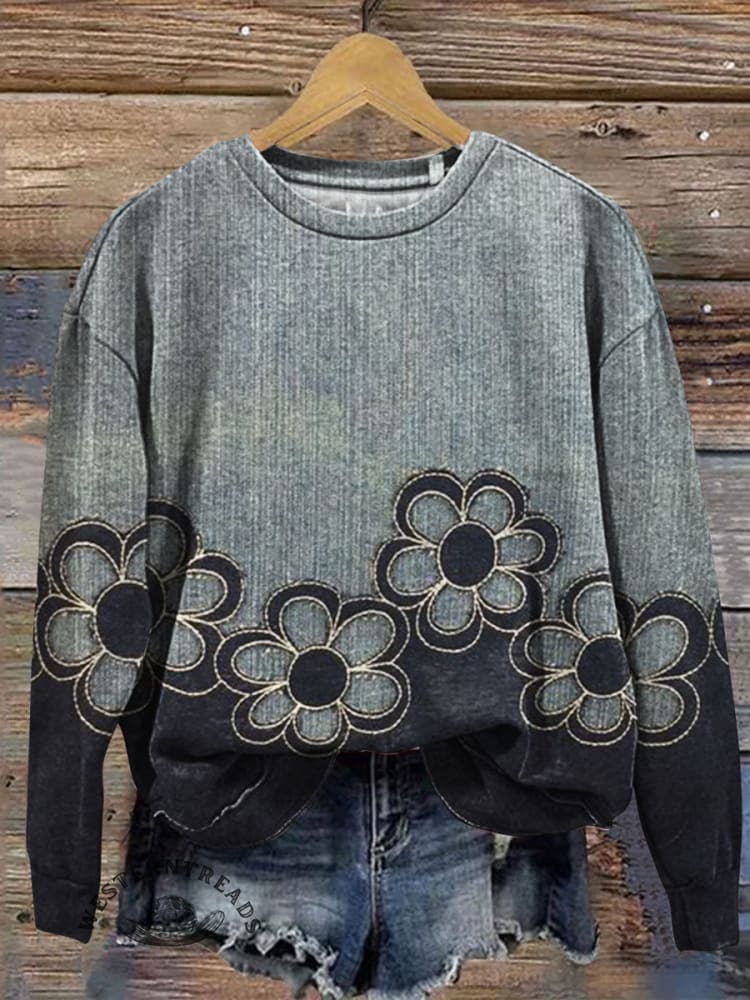 Vintage Flowers Prints Casual Cotton Sweatshirt