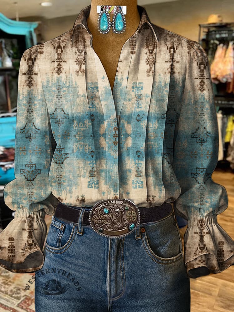 Vintage Print CasualCotton And Linen Shirt