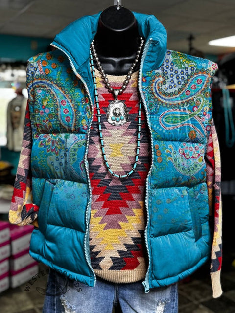 Paisley Art Print Casual Quilted Cardigan
