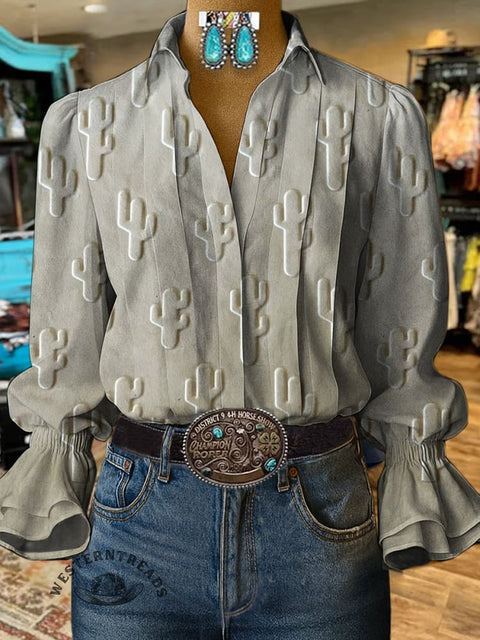 Cactus Art Print Casual Cotton And Linen Shirt
