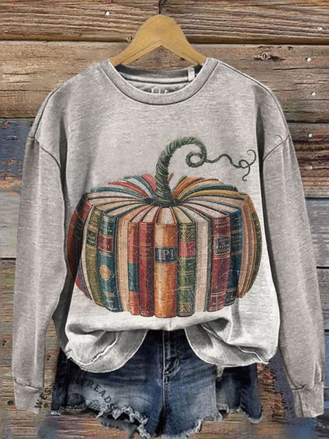 Books Pumpkin Art Prints Casual Cotton Sweatshirt
