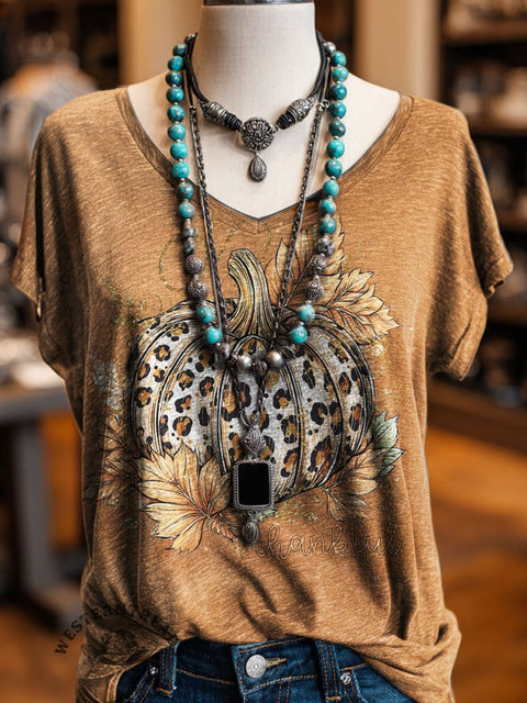 Leopard Pumpkin Art Prints V-neck Casual T-Shirt