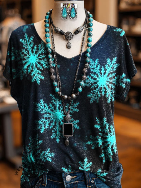 Snowflake Prints V-neck Casual T-Shirt