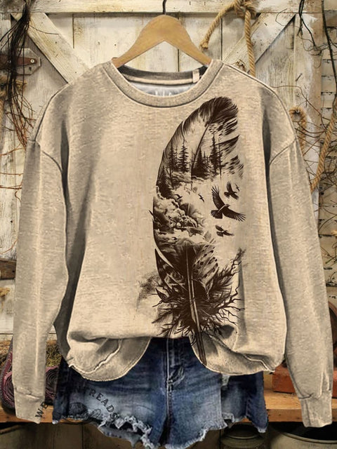 Feather Art Prints Casual Cotton Sweatshirt
