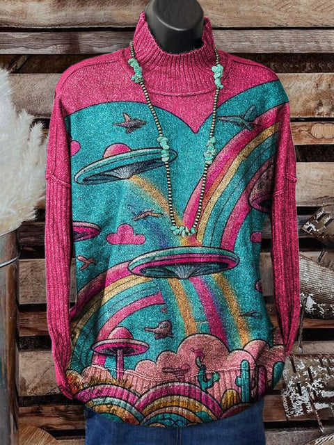 Art Print Knit Turtleneck Pullover Sweater