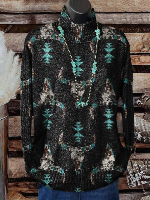 Bull Art Print Knit Turtleneck Pullover Sweater