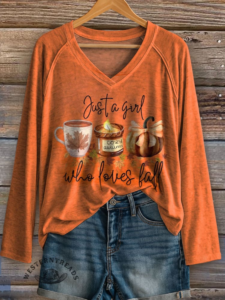 Fall Art Print Casual V Neck Long Sleeve Tops