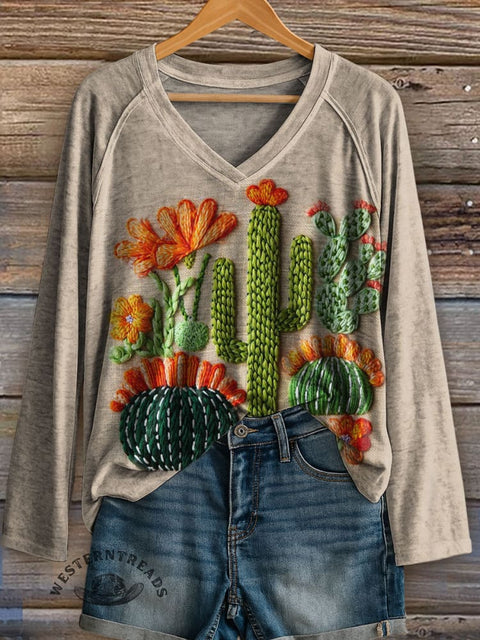 Cactus Art Print Casual V Neck Long Sleeve Tops