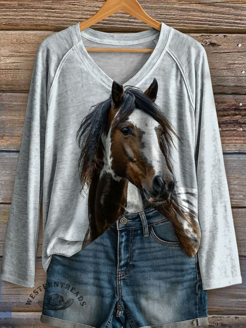 Horse Print Casual V Neck Long Sleeve Tops