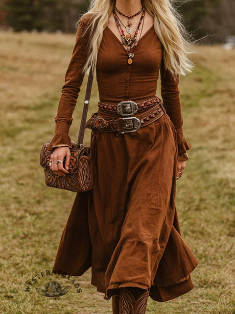 Retro Western Casual Long-sleeved V-neck Dress