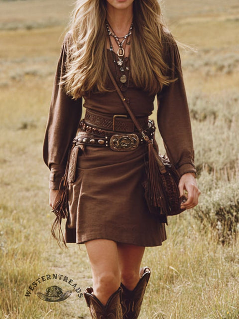 Retro Western Casual Long Sleeved Dress