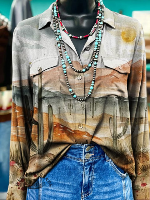 Southwest Desert Art Print Casual Long Sleeve Comfortable Cotton Shirt