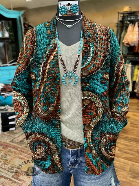 Paisley Print Casual Knitted Cardigan
