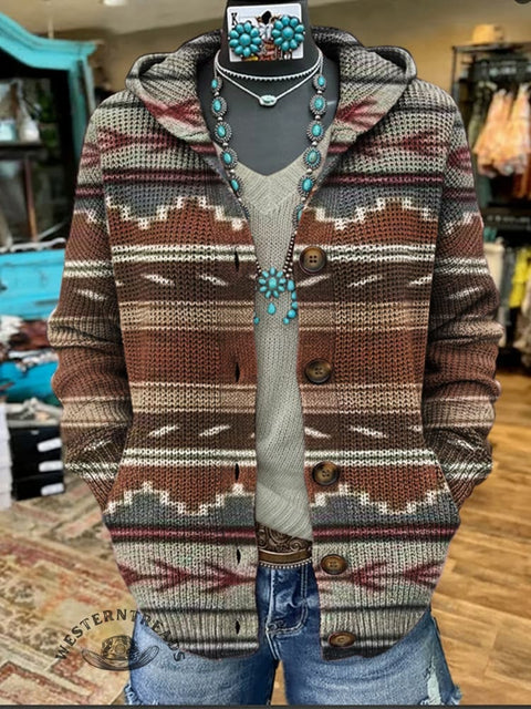Aztec Printed Casual Hooded Button Sweater