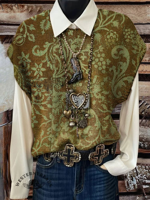 Paisley Print Casual Crew Neck Short Sleeve Knitted Sweater