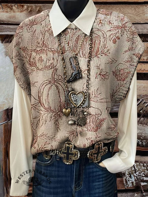 Fall Print Casual Crew Neck Short Sleeve Knitted Sweater