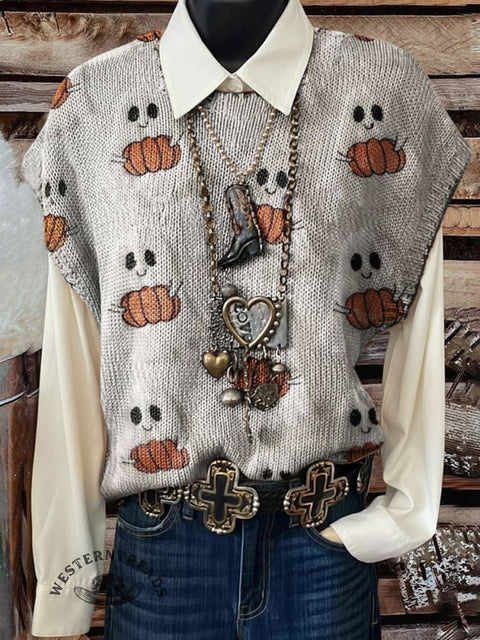 Ghost Print Casual Crew Neck Short Sleeve Knitted Sweater