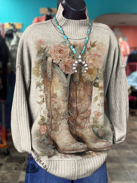 Western Art Print Knit Turtleneck Pullover Sweater