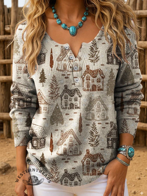 Christmas Art Print Buttoned Cardigan Sweater