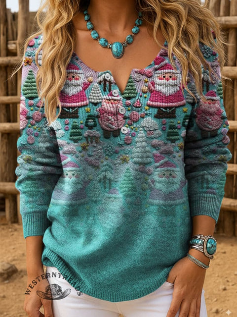 Christmas Art Print Buttoned Cardigan Sweater