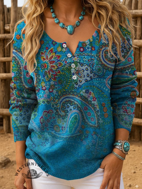 Paisley Print Buttoned Cardigan Sweater