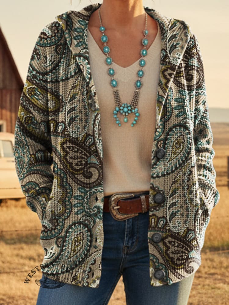 Paisley Printed Casual Hooded Button Sweater