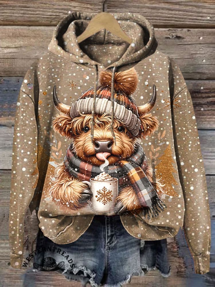 Winter Christmas Highland Cow Print Casual Sweatshirt